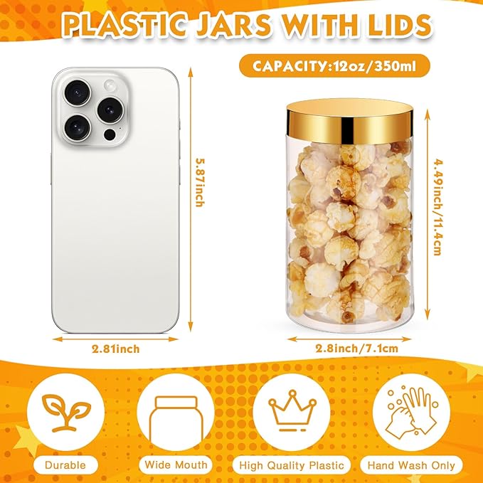 SATINIOR 24 Pieces Empty Clear Plastic Jars with Lids Round Storage Containers Wide Mouth for Beauty Product Cosmetic Cream Lotion Liquid Butter Craft and Food(Gold Lid,12 oz)