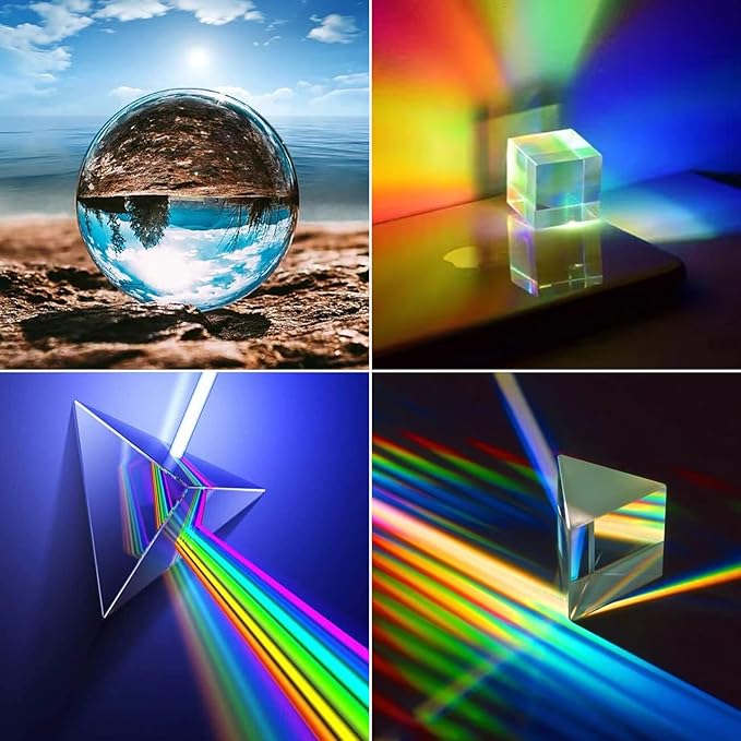 Prism Set, 4 Pack K9 Optical Crystal Photography Prism Set, Include 55mm Crystal Ball, 50mm Crystal Cube, 50mm Triangular Prism, 60mm Optical Pyramid, Gift Box for Teaching, Science, Photography, Play