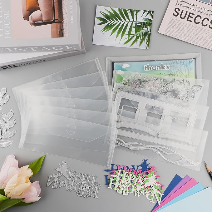 BAOFALI 150 Pcs/Set 5 Sizes Clear Stamp and Die Storage Pockets, Stamp Storage Bags, Plastic Envelopes, Scrapbooking Storage Die Cuts for Stencil Storage Card Making Cutting Dies