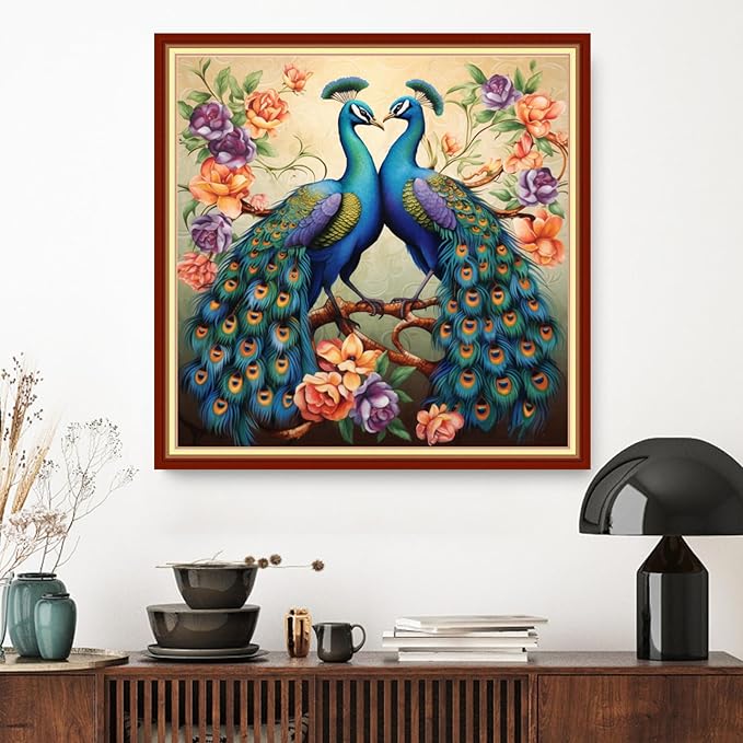 Dimxvean Stamped Cross Stitch Kits,Cross Stitch Kits for Adults Beginners,Embroidery Kits Full Range of Cross Stitch Stamped Kits Needlepoint Kits Cross Stitch Patterns- Peacock Flower 18x18 inch