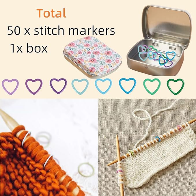 Hilsayum 50Pcs Heart Shape Stitch Markers for Crocheting,Crochet Stitch Markers with Floral Design Small Tin Box