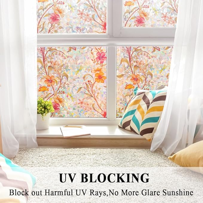 Stained Glass Window Film Static Cling Door Privacy Film Decorative Flowers Red Leaves Window Decals Stickers Heat Control Anti UV for Home and Office,23.6 inches by 118 inches