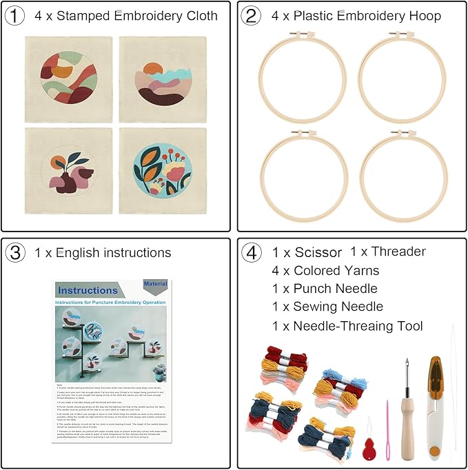 Anidaroel 4 Sets Punch Needle Kit, Punch Needles Kits for Adults Beginner, Needle Punch Kit, Punch Needle Tool with Stamped Fabric, Hoops, Yarns and Sewing Needle