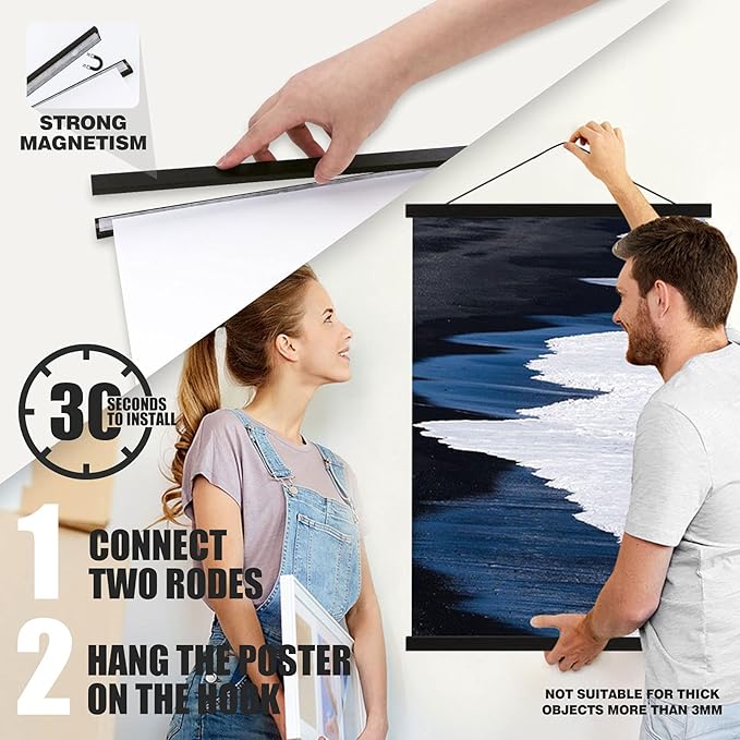 Ywlake Magnetic Poster Hanger, 9x12 9x14 9x17 Poster Frame Wood Wooden Magnet Print Posters Dowel Scroll Hanger Hangers Hanging Kit for Walls Map Canvas Artwork (Black, 9")