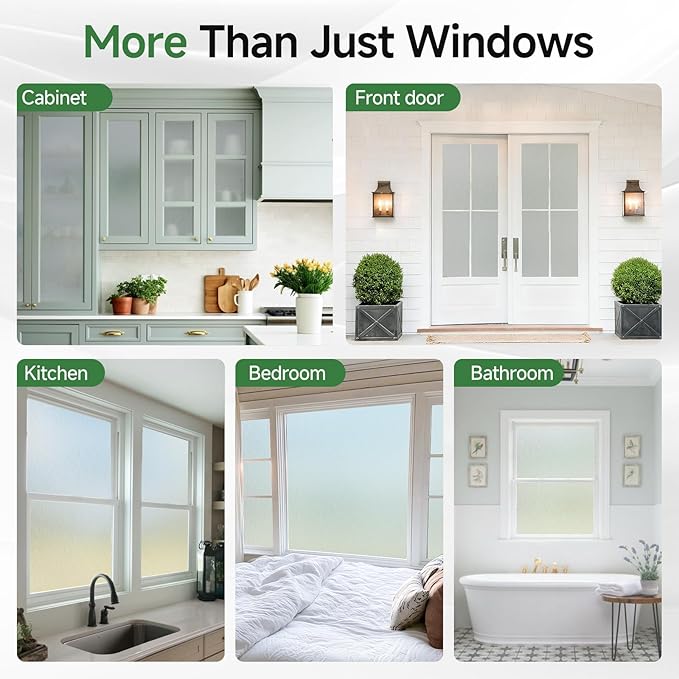 Borsky Frosted Glass Window Film - Static Cling, 96% UV Blocking Non-Adhesive Privacy Window Film, Removable Window Cling with Day & Night Privacy for Bathroom Home Office, 17.5 x 393.7 Inches, Pure