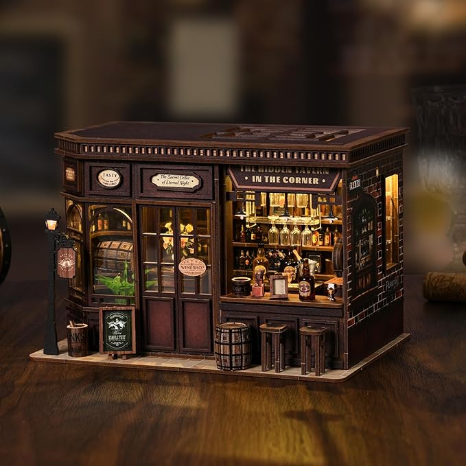 Book Nook Kit - DIY Miniature Dolls House Kit with Furniture and LED Light, 3D Puzzle Wooden Art Bookends, Model Kits for for Adults and Teens (Corner Tavern)