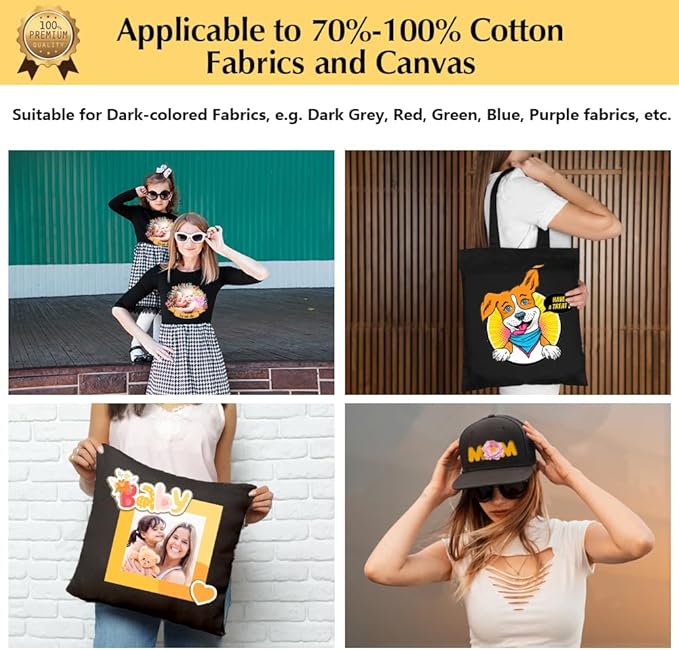 TransOurDream Tru-Iron on Heat Transfer Paper for Dark Fabric (15 Sheets, 8.5x11") T Shirt Transfers Paper for Inkjet Printer Printable Heat Transfer Vinyl for T-Shirts (TOD-7-15)