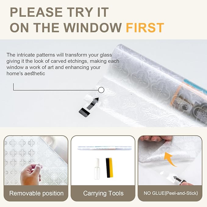 Window Privacy Film Decorative for Front Door, Bathroom Static Cling Stained Glass Sticker Opaque Heat Control UV Blocking Non-Adhesive for Home Windows 23.6 X 78.7 inches