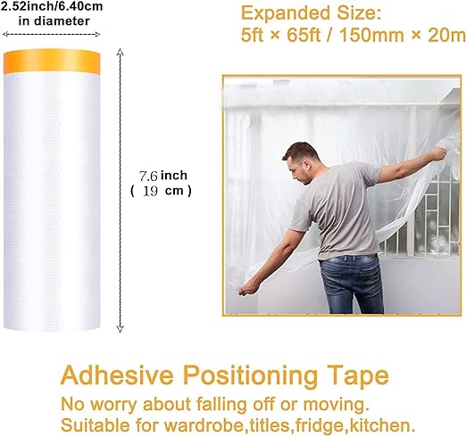 Painters Plastic With Tape, Pre-Taped Masking Film, 10 Rolls Automotive Best Tape and Drape, Paint Adhesive Protective Film Roll for Covering Skirting, Frames, Cars and Auto Body (5 X 65-Feet) (10)