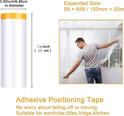 Painters Plastic with Tape, Pre-Taped Masking Film, Automotive Best Tape and Drape, Paint Adhesive Protective Film Roll for Covering Skirting, Frames, Cars and Auto Body (5 X 65-Feet) (1)