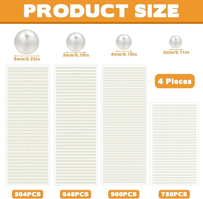 2800 Pieces Self Adhesive Pearl Stickers, Decorative Pearl Gems White Flat Back Half Round Pearls Sticker 4 Size for Hair Face Makeup Eye Nail Crafts(4 Sheets,3/4/5/6mm)