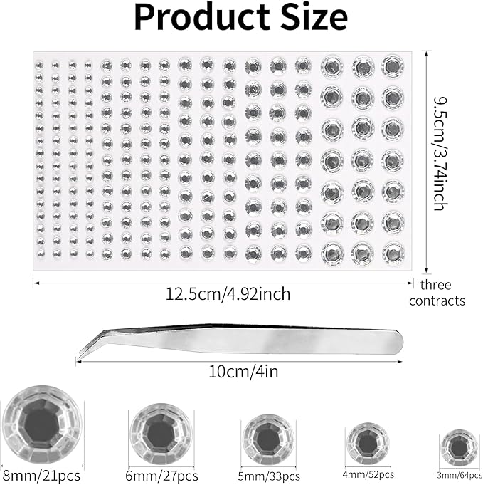 Self Adhesive Face Gems and Pearls for Makeup, Festival Jewels, Hair Gems Pearls, 3/4/5/6/8 mm Round Rhinestone Stickers for Face, Eye, Makeup, Body, Crafts 591Pcs (14_Clear)