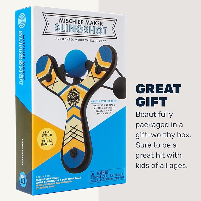 Mighty Fun! - Mischief Maker® Wooden Slingshot - Classic Series - Real Wood Slingshot for Kids, 4 Soft Foam Balls and Storage Bag - Ages 4+ (Blue)