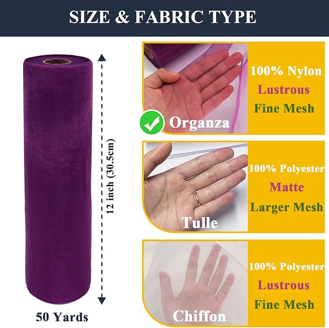 Purple Organza Tulle Fabric Rolls, Crystal Organza 12" by 50 Yards (150 ft) Sheer Nylon Silky Shiny Netting Spool Bolt for DIY Craft Table Runner Wedding Baby Shower Party Decor (Purple)