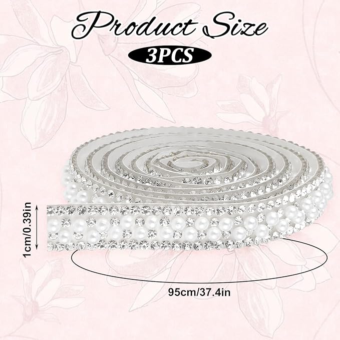 3 Rolls Pearl Rhinestone Ribbon Self Adhesive Pearl Crystal Strips Sticker Bling Pearls Strips Trims Diamond Pearls Tape for DIY Phone Clothing Crafts (3 Yard)