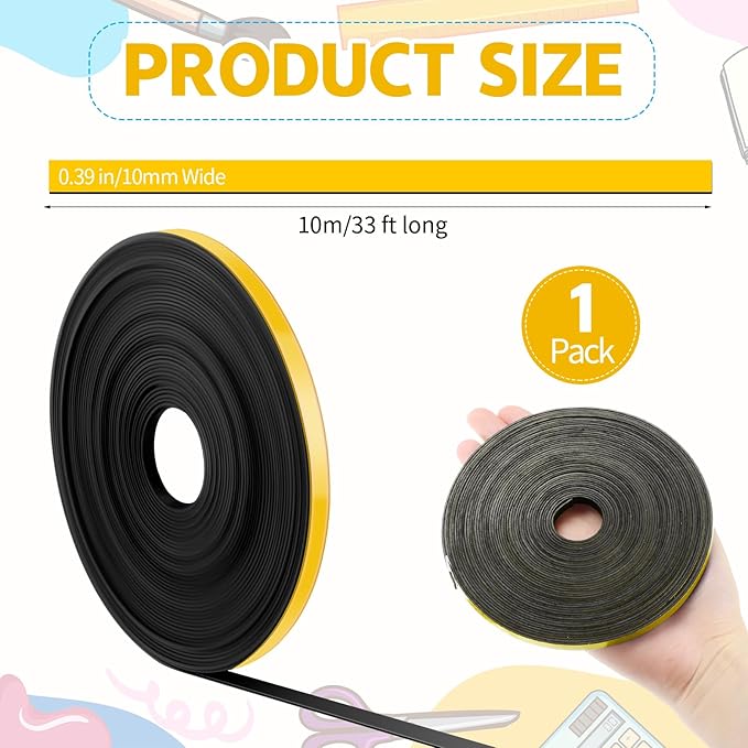 Magnetic Tape Roll Thin Strips, 0.39 Inch x 33 Feet Magnetic Board Dividers Whiteboard Graphic Decorative Tape Marking Line for Classroom Office Art Accessories(Yellow)