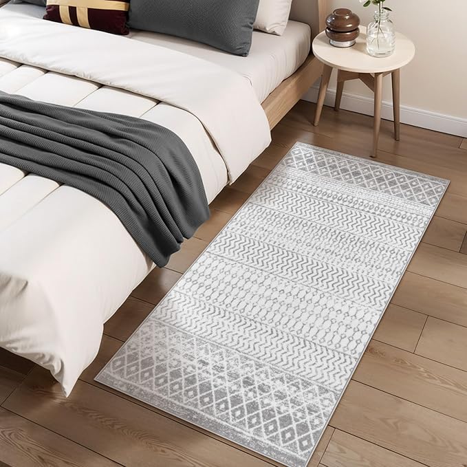 Moroccan Washable Area Rug, 2x4 Non-Slip Front Door Mat Indoor Entrance, Low-Pile Distressed Grey Rug Throw Rugs for Bedroom Kitchen Bathroom Laundry Room