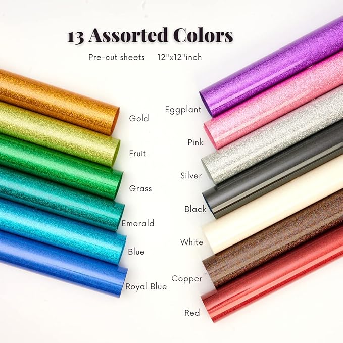 Glitter HTV Heat Transfer Vinyl 12"x12" Bundle 13 Sheets Iron on Vinyl for T-Shirts Gifts Design(Assorted)