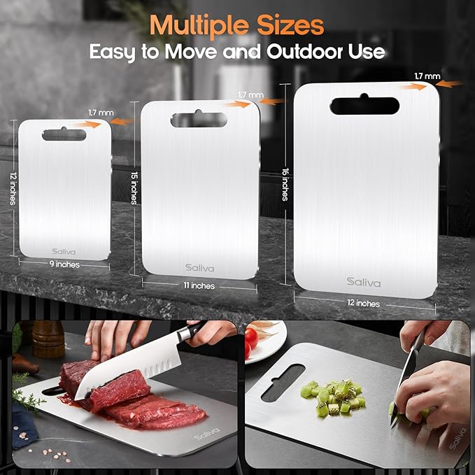 Saliva 3pcs Titanium Cutting Board for Kitchen, Titanium Cutting Boards Set of 3, Non Toxic Double Sided Food Grade, Dishwasher Safe, No Blunt Knife, Chopping Boards with Handle for Meat & Vegetable