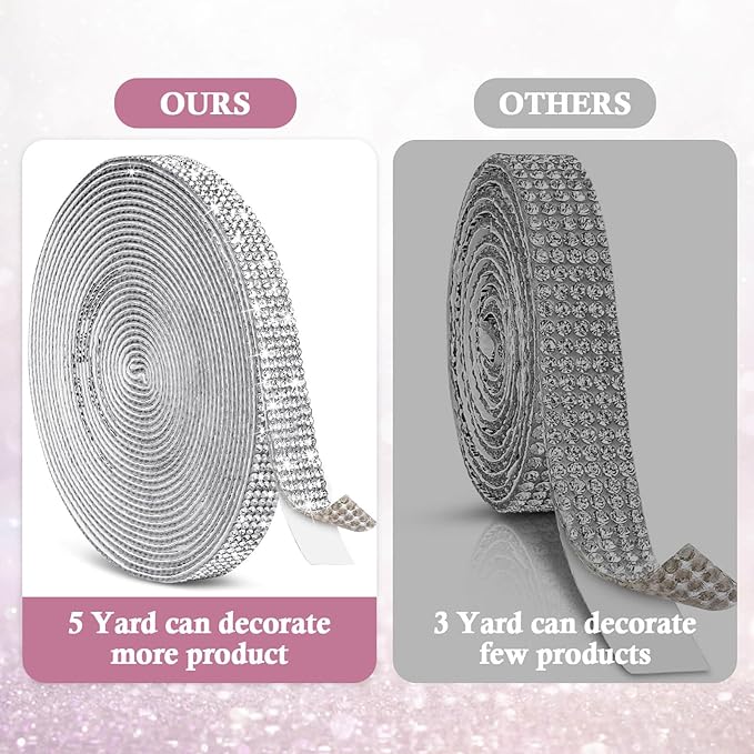 5 Yards Self Adhesive Rhinestone Ribbons, Sliver Rhinestone Strips, Diamond Crystal Rhinestone Ribbon Roll Stickers Glitter Bling Ribbons Rhinestone for Crafts Fabric Car Shoes Décor