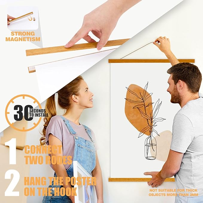 Ywlake Magnetic Poster Hanger, 9x12 9x14 9x17 Poster Frame Wood Wooden Magnet Print Posters Dowel Scroll Hanger Hangers Hanging Kit for Walls Map Canvas Artwork (Teak Wood, 9")