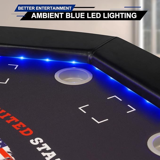 LED Poker Table Foldable, Octagon Casino Leisure Gamimg Table for 8 Player, Folding Texas Holdem Blackjack Table w/Built-in LED Light, Padded Rails & Cup Holders for Home Game Room