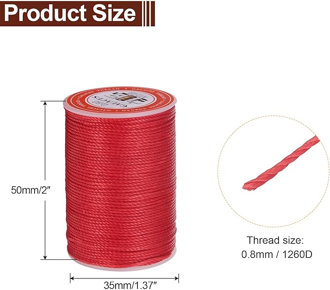 uxcell Round Leather Sewing Waxed Thread, 55m / 60 Yards Wax Polyester String, 0.8mm Waxed Stitching Cord for Leather Crafts, Bookbinding, Bracelets Braided, Red