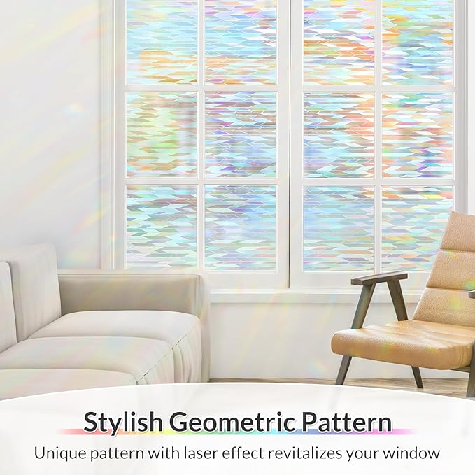 rabbitgoo Window Privacy Film with Installation Tools, Stained Glass Window Film Rainbow Prism Decorative Glass Clings for Home Decor, Static Cling Covering Sun Blocking, 17.5" x 78.7"
