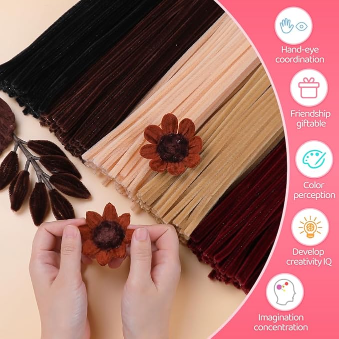 IOOLEEM Brown Pipe Cleaners,500pcs in 5 Colors, Chenille Stems for Art and Craft Projects, Flower DIY Decorations