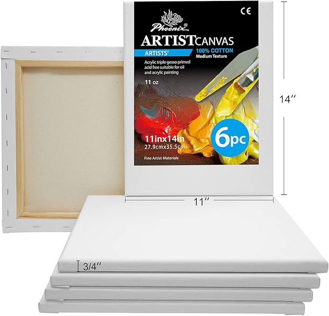 PHOENIX Professional Stretched Canvas for Painting - 11x14 Inch/6 Pack 3/4 Inch Profile, 100% Cotton 11 Oz. Heavy Duty Gesso Triple Primed White Blank Artist Canvases for Oil & Acrylic Paints
