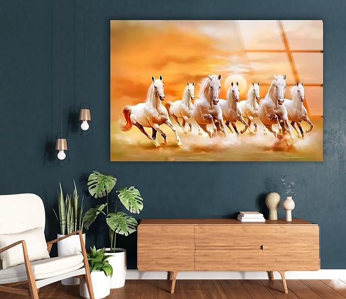 My Photostation.com 43Wx27H'' White Horses Running on Sunset Glass Wall ArtTempered Glass Printing Wall Decor Large Wall Art Wall Hangings