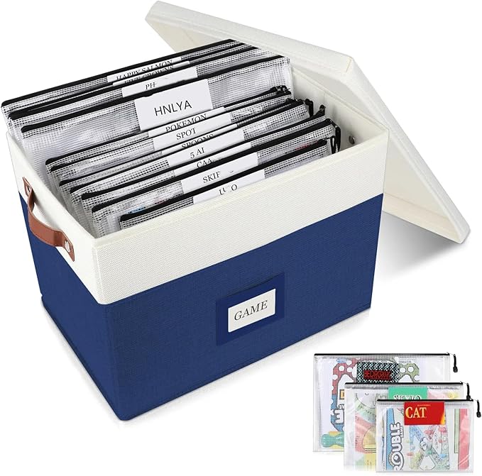 Board Game Storage with 12pcs Zipper Bags and Writable Stickers, Board Game Organizers Storage with Lid for Office Supplies, Puzzles, Video Game, Craft Product (1-Pack Large)