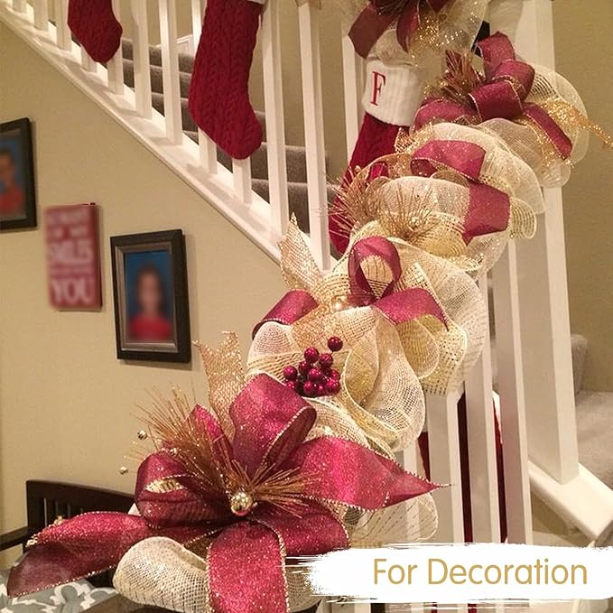 TONIFUL 10 Inch 3 Rolls DeepRed/Brown/Gold Thanksgiving Decorative Mesh Ribbons, Fabric Mesh with Foil for Tree Home Front Door Wreaths Decorations Supplies（3 Colors, 10yards/ roll）