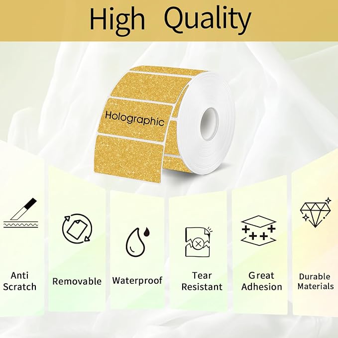 Square Thermal Labels Stickers 2" x 2", Holographic Thermal Stickers Labels, Waterproof Glitter Direct Thermal Printer Label for Small Business- Holographic Gold