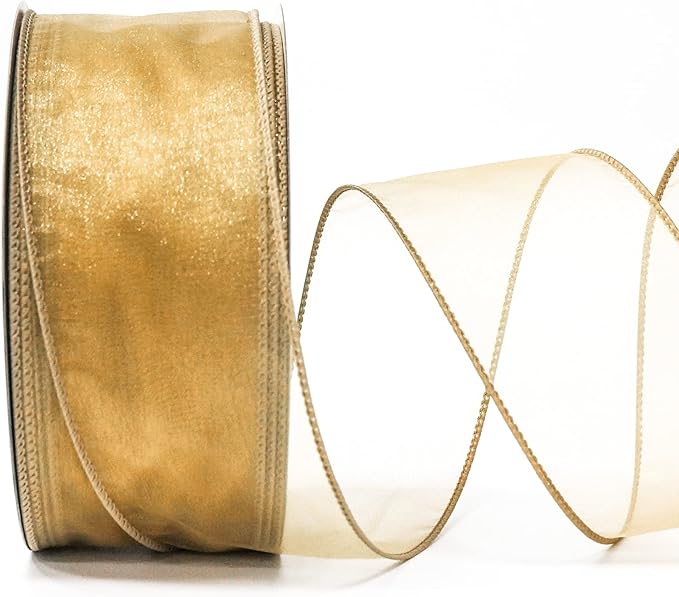 CT CRAFT LLC Sheer Organza Wired Ribbon 2.5" x 50Yards Tan (Gold) for Wedding Chair Bow Flora Bouquet Gift Wrapping Christmas Tree Home Decor Wreath