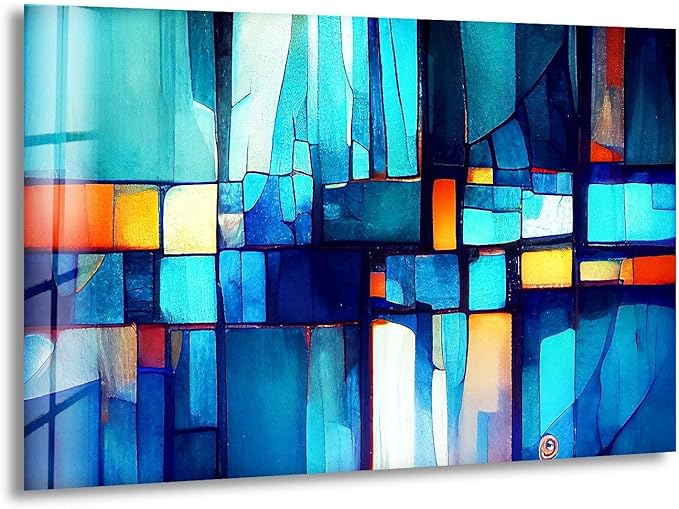 My Photostation.com 48Wx32H'' Blue Vibrant Stained Glass Wall ArtTempered Glass Printing Wall Decor Large Wall Art Wall Hangings