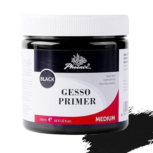 PHOENIX Black Gesso Primer - 16.9 Fl oz. / 500ml Gesso for Canvas Surface Prep Medium for Oil Acrylic Paints