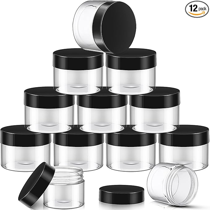 SATINIOR 12 Pack Plastic Container Jars with Lids Round Clear Travel Cosmetic Container Slime Jar for Toiletries, Lotion, Cream, Ointment, Makeup, Rhinestone, Sample, Kitchen Storage(8 oz,Black)