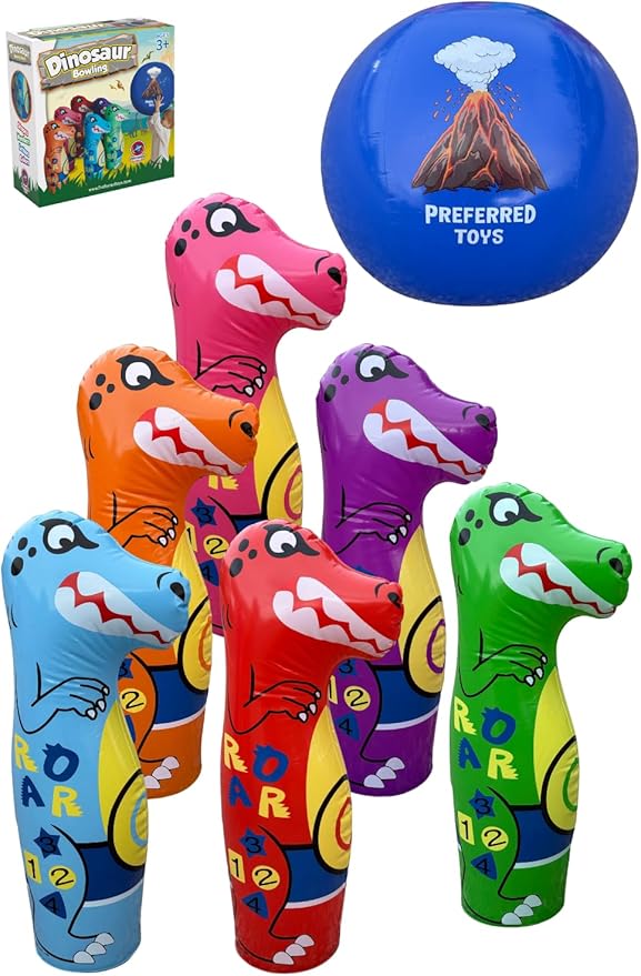 Inflatable Dinosaur Bowling Set for Kids – 6 Giant 26” Pins & 24” Ball – Fun Indoor/Outdoor Game – Educational Motor Skills Toy – Great Birthday Gift – Teaches Numbers, Letters & Shapes