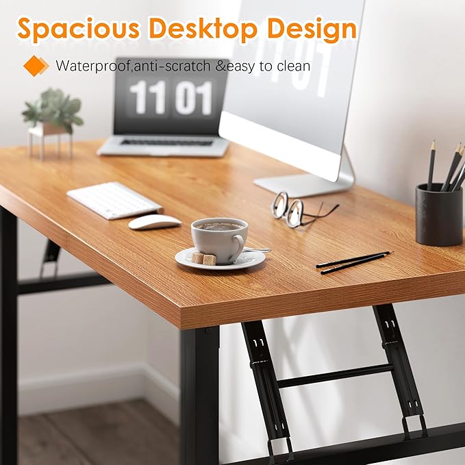 Need Folding Desk, 54 inch Large Computer Desk for Home Office, No Install Needed Study Student Writing Table Desk Workstation, Teak Black