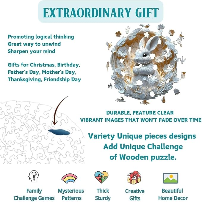 Wooden Puzzles Adults, 3D Paper Rabbit Puzzles 290 Pieces, Unique Animal Shaped Wood Challenging Jigsaw Christmas Puzzles Gifts for Adults, 13.4x13.1in