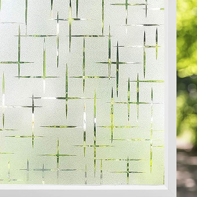 NINETREX Frosted Window Privacy Film,Window Cling Privacy Film, Decorative Glass Static Cling Non-Adhesive Vinyl Removable for Home Office Cross Pattern,35.4 x 157.4Inches