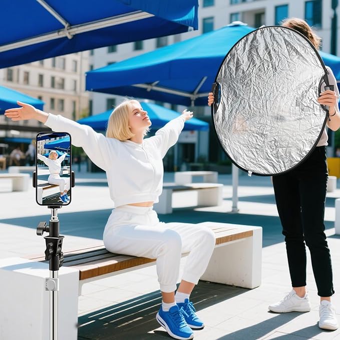 WELLMAKING 32''(80cm) Photography Reflector Dual Handle Collapsible 5-in-1 with Tilt Adapter Reflector, White Portable Stand and Pouch for Studio & Outdoor Lighting-Translucent,Silver,Gold,White&Black