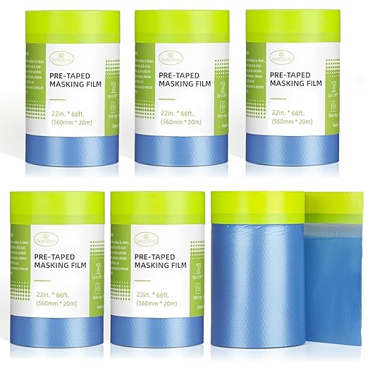 Pre-Taped Masking Film for Painting - 22" x 66' Painters Plastic Sheeting with Automotive Paint Tape and Drape for Covering Cars, Walls, Windows and Furniture Protection (6 Rolls)