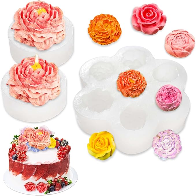 3 PCS Rose Flower Silicone Molds,Flower Candle Molds for Candle Making,Rose Peony Fondant Mold for Jelly Chocolate Cake Decorating, Epoxy Resin Wax Soap Clay Plaster Home Décor Handmade