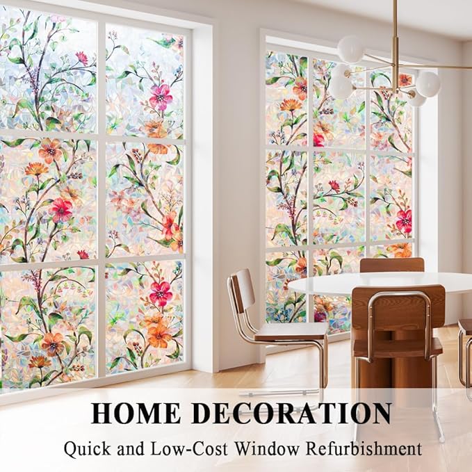 Stained Glass Window Film Static Cling Door Privacy Film Decorative Flowers Green Leaves Window Decals Stickers Heat Control Anti UV for Home and Office,17.5 inches by 157 inches