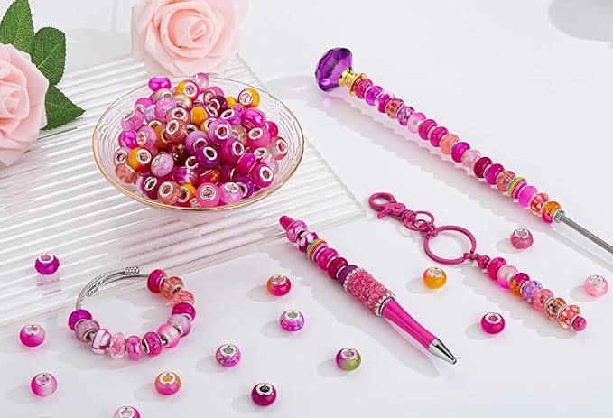LAIDANLA Rose Mix Large Hole Beads，100pcs 15mm European Large Hole Beads Bulk for Bracelet Pens Jewelry Making Spacer Charms Craft Beads Decoration
