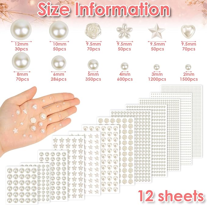 shynek 4326Pcs Self Adhesive Pearl Stickers for Crafts, Stick on Pearls Gems for Hair, Face, Makeup, Crafts, Assorted Styles and Sizes