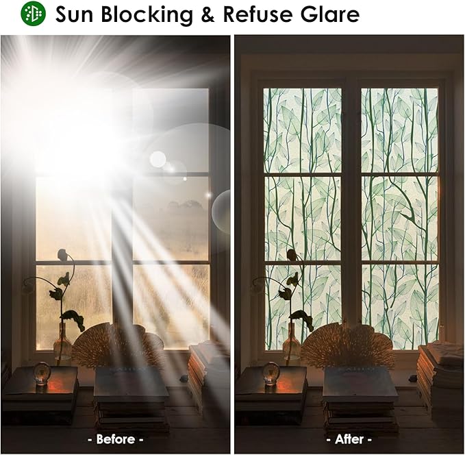 DKTIE Window Film Privacy with Installation Tools, Decorative Stained Glass Window Clings for Home, Static Cling Window Sticker for Front Door, Bathroom (Green, 17.7'' x 78.7'')