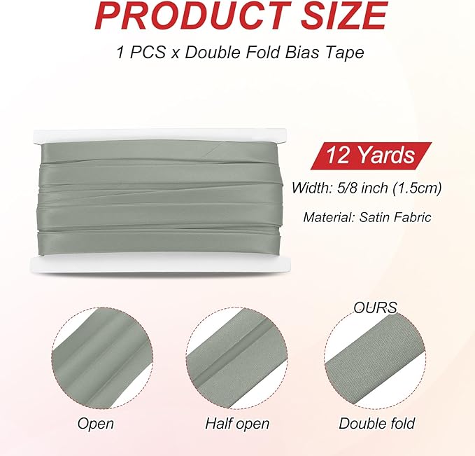 MECCANIXITY Double Fold Bias Tape for Sewing 5/8 Inch x 12 Yards Satin Pre-fold Continuous Binding Tape for Seaming Quilting Hemming Binding DIY Crafts, Gray